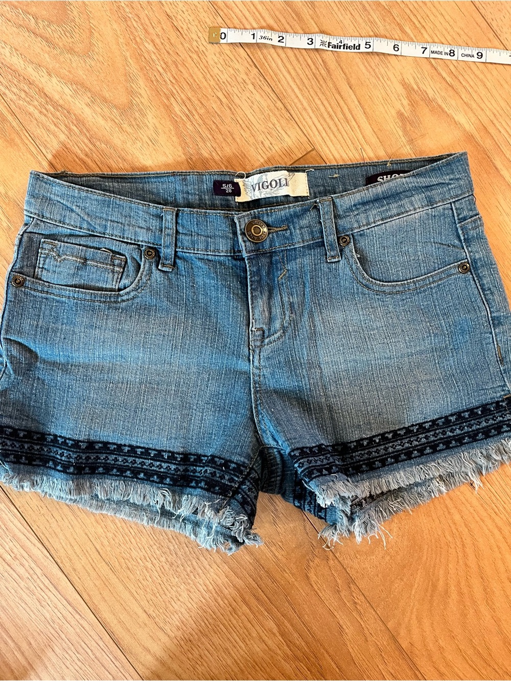 Vigoli Light Denim Embroidered Frayed Hem Jean Shorts